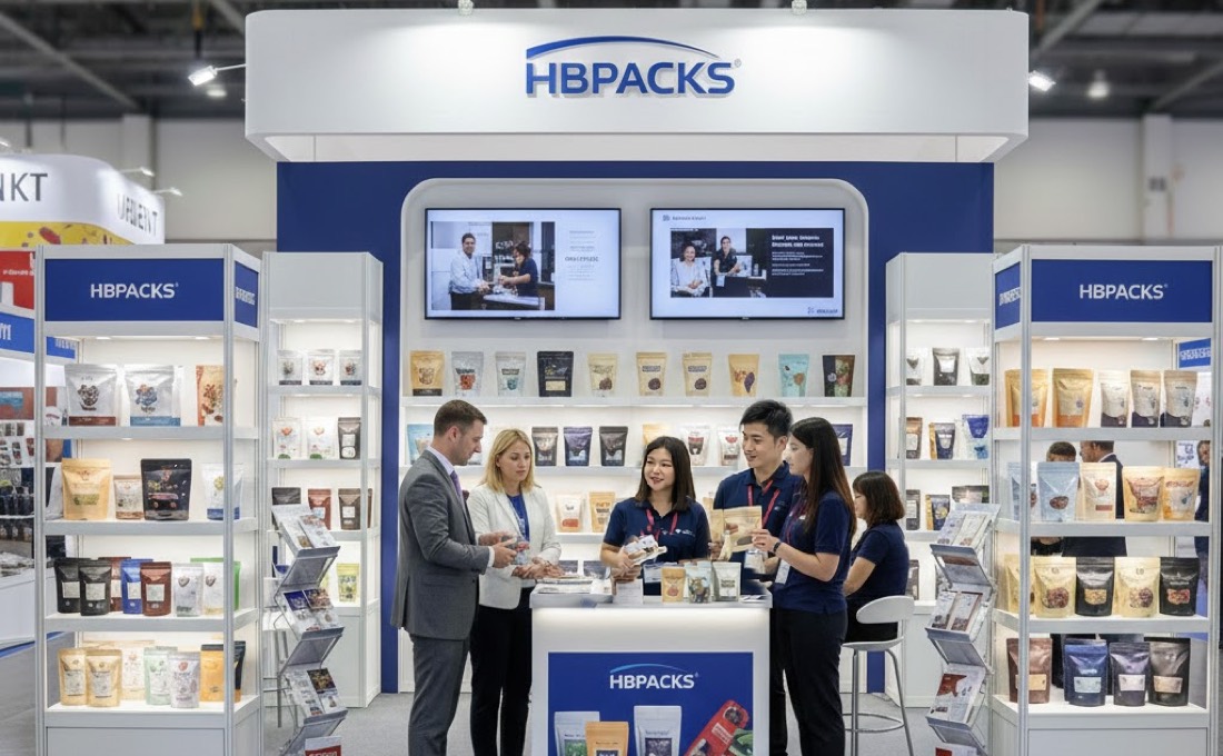 Custom flexible packaging samples and brand display wall